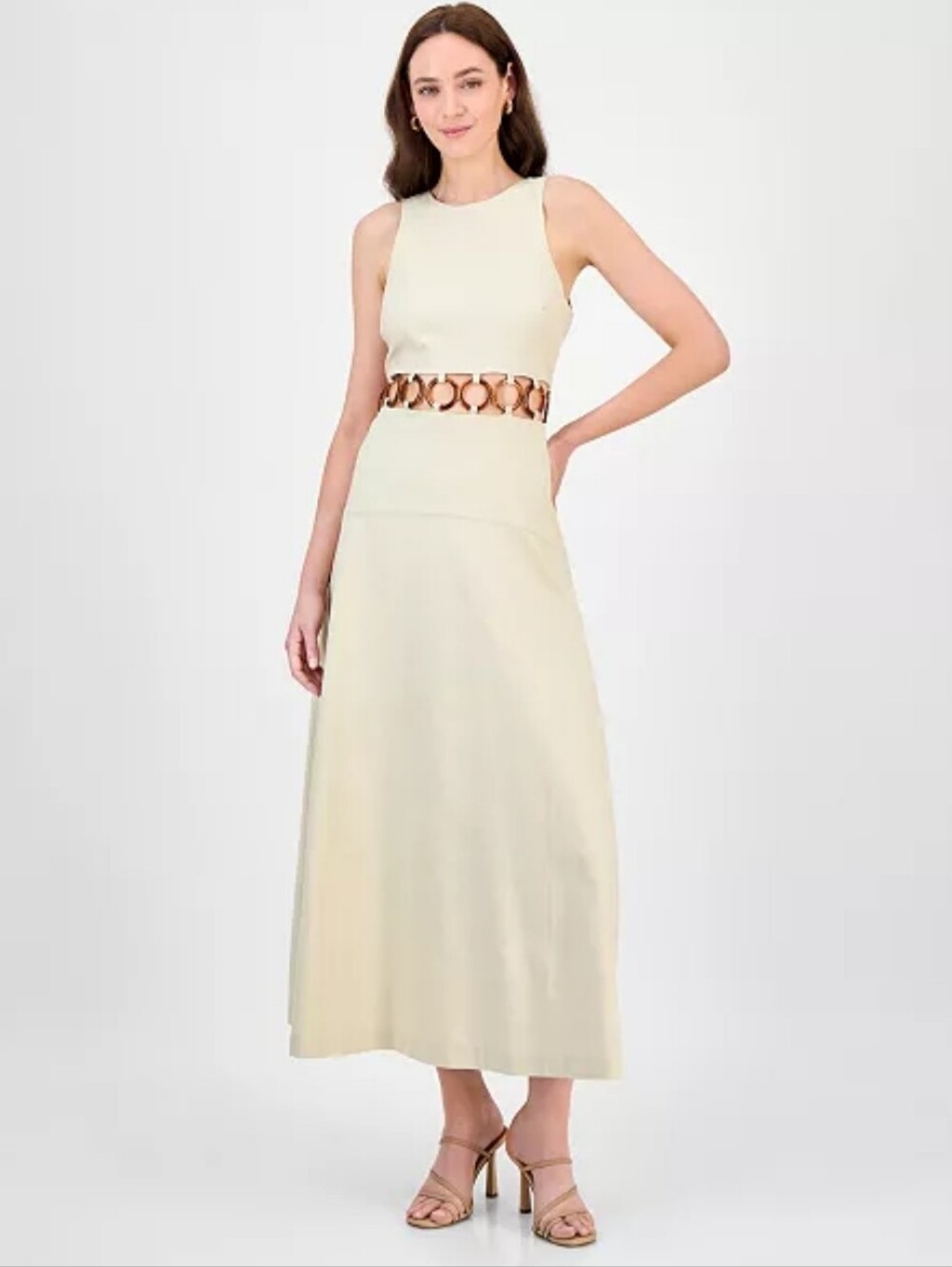 Rachel Roy Linen Blend Cutout Maxi Dress Size 14 Beige Neutral Tortoise Ring NWT